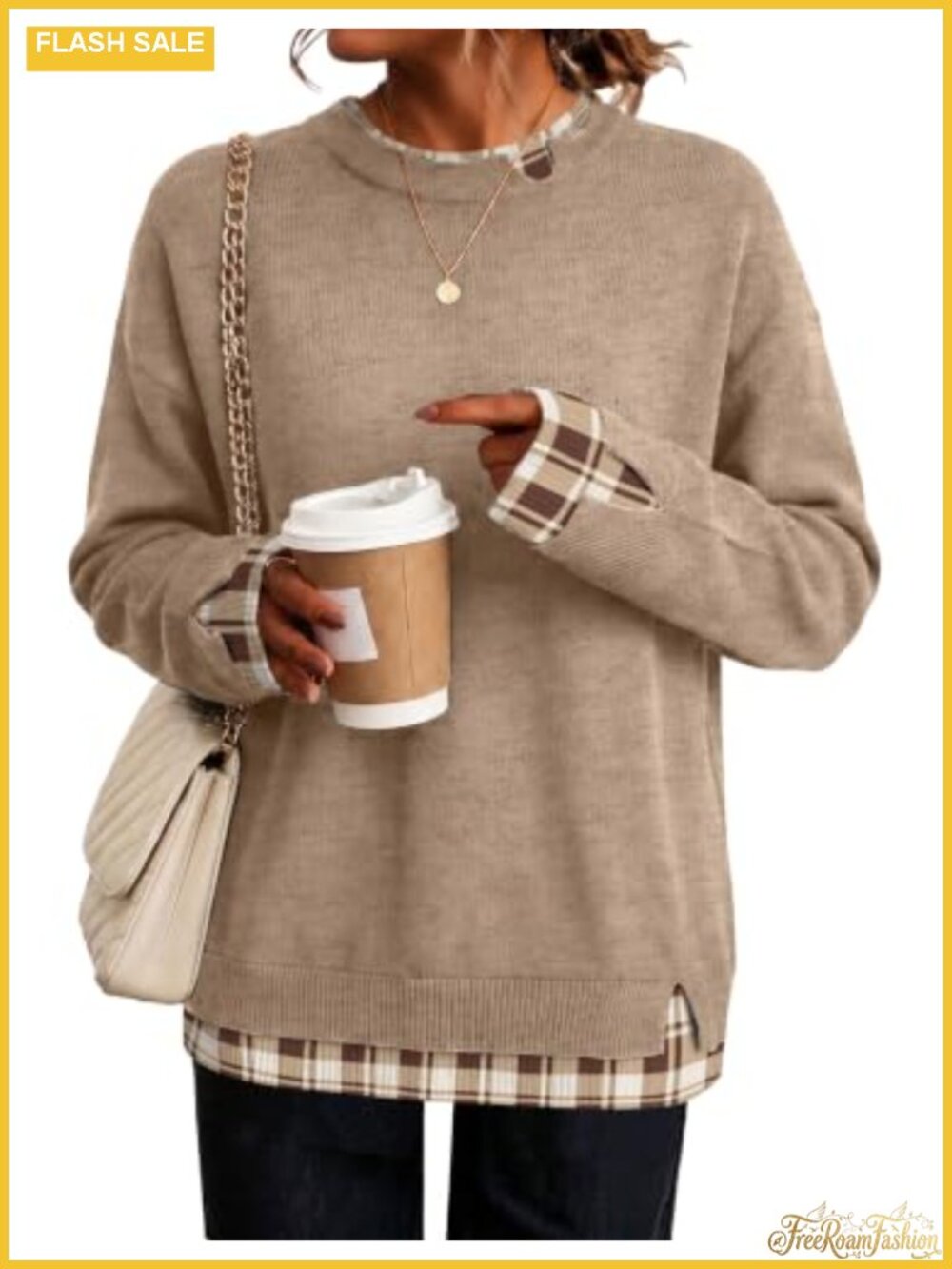 Womens Faux Layered Sweater Long Sleeve Crew Neck Pullover Loose Fit
